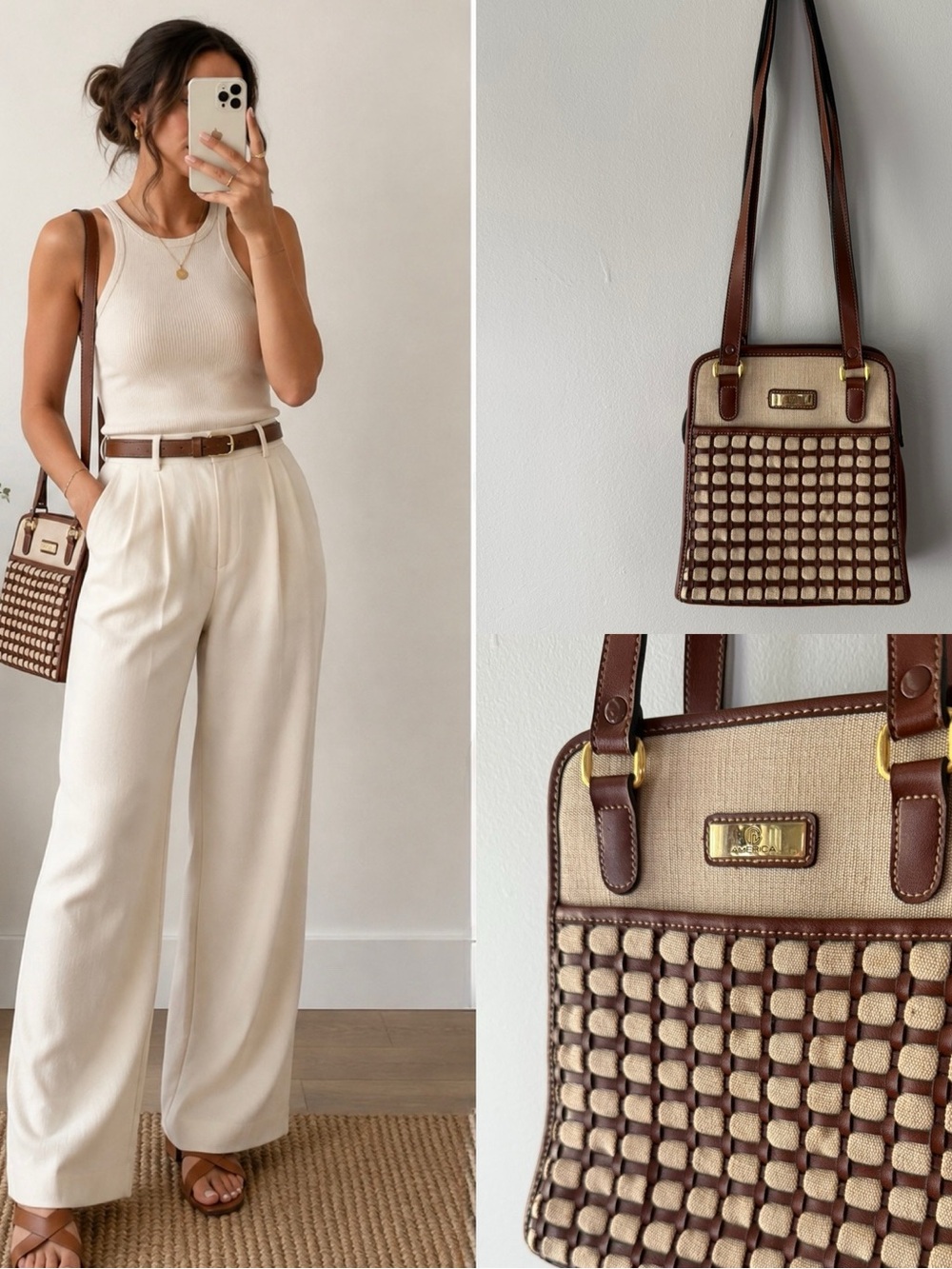 CL America Vintage Woven Two Tone Leather Shoulder Bag Gold Hardware
